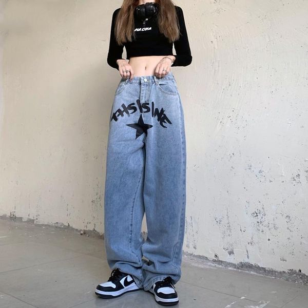 

women's jeans women streetwear hip hop loose wide leg pants straight cowboy vintage washed star letter print casual denim trousers, Blue