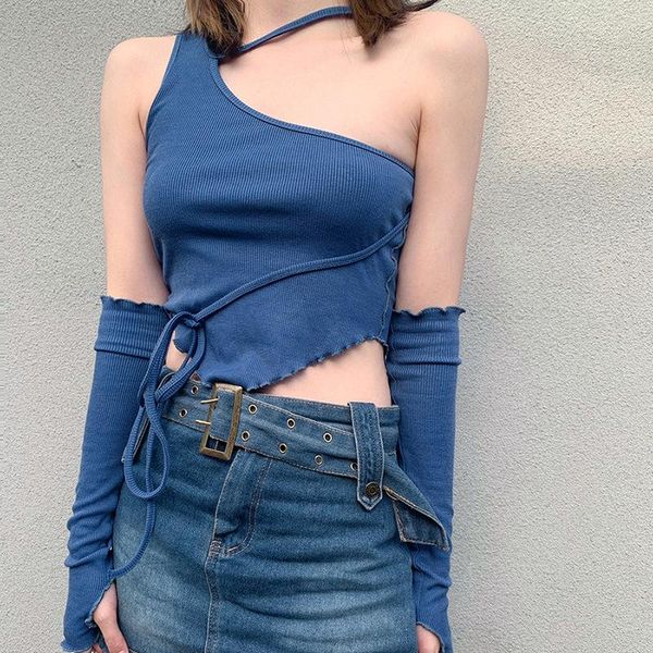 

women's t-shirt harajuku one shoulder women t-shirts gothic irregular halter crop with sleeve streetwear blue slim bandage tee, White