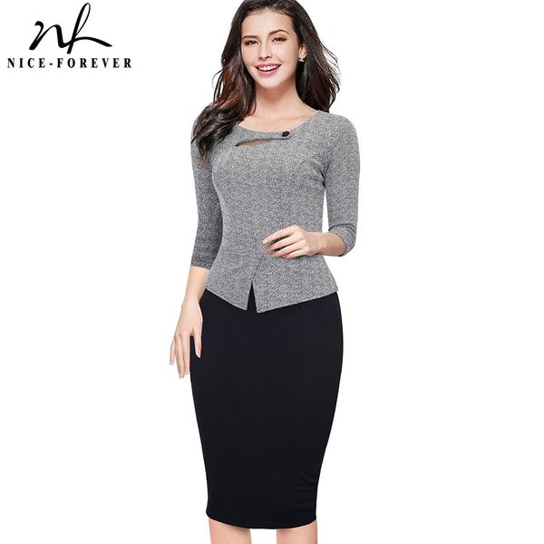 

nice-forever vintage elegant print patchwork work formal vestidos business bodycon office party women bodycon dress b500 210419, White