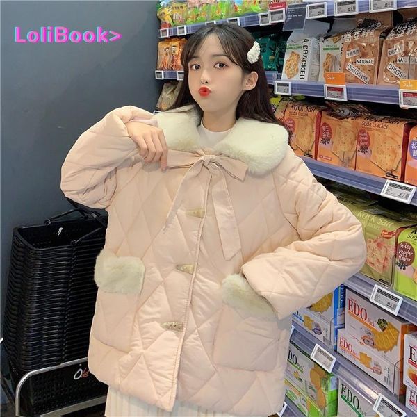 Kadın Aşağı Parkas Lolibook Sevimli Lolita Ceketler Kadın Kış Çay Partisi Horn Düğme Ceket Kadın Kawaii Kürk Yaka