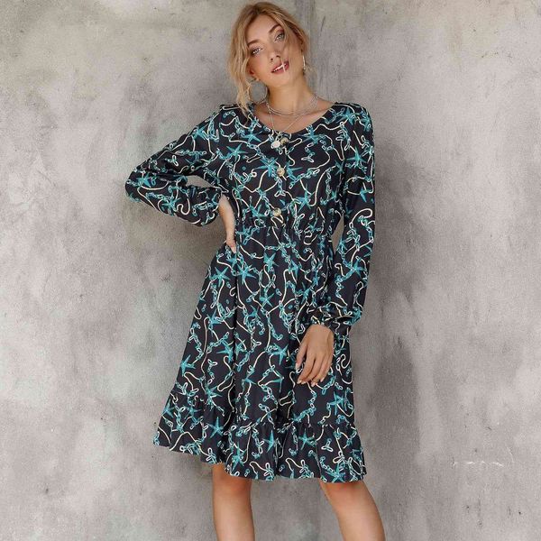 

jumpsuit vintage dark green print women autumn o neck long sleeve casual knee-length es vestidos, Black;white