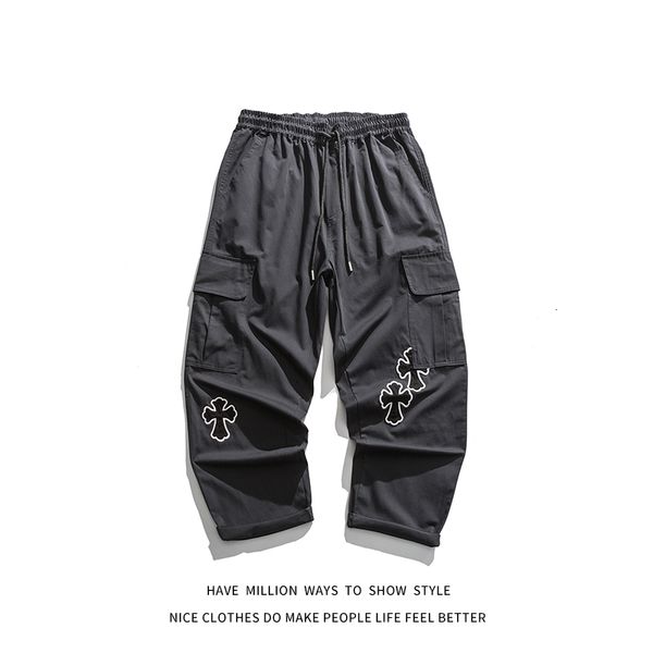 

men's pants and women's cross embroidered sweatpants, men's street casual clothes, hip-hop fashion, autumn spring, Black