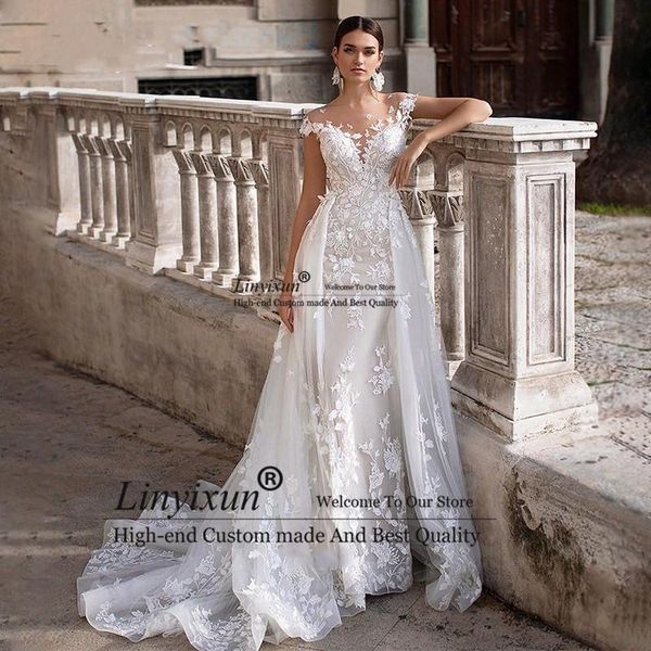 

other wedding dresses dress 2021 short sleeves appliques mermaid bridal with detachable train vestidos de novia overskirt gowns, White