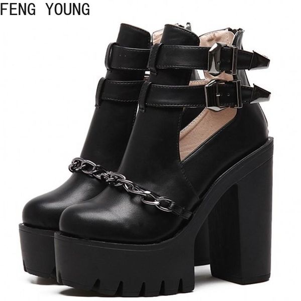 

boots platform women high heels casual spring autumn fashion ankle for cut-outs buckle round toe chain thick shoes, Black