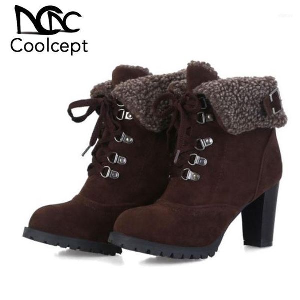 

boots coolcept ankle women plus size 32-44 brand ins fashion lace up add fur winter shoes casual office warm footwear11, Black