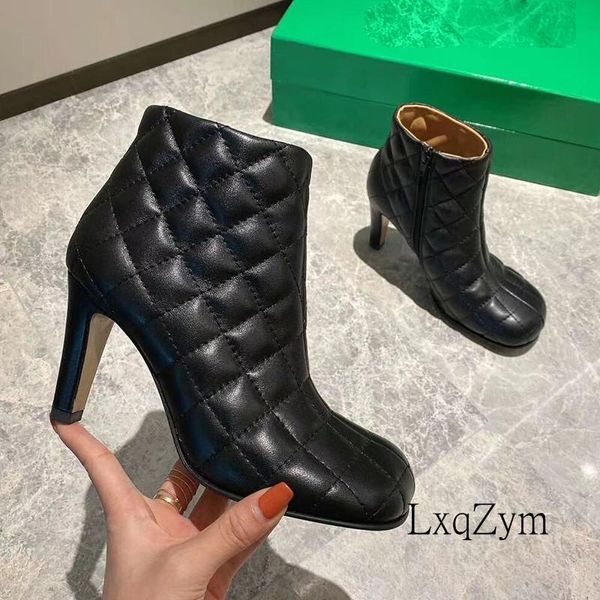 

boots winter warm women ankle shoes thin high heels comfortable round toe stiletto cowhide leather zipper casual, Black