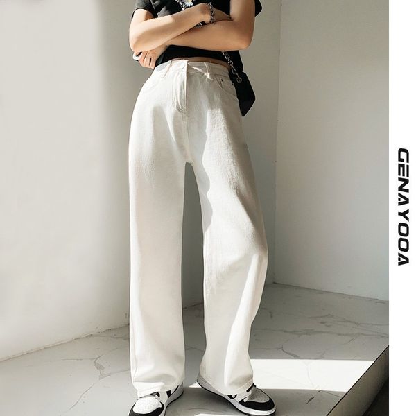

genayooa streetwear boyfriend for women high waist korean style wide leg pants denim summer mom jeans fashion 210417, Blue