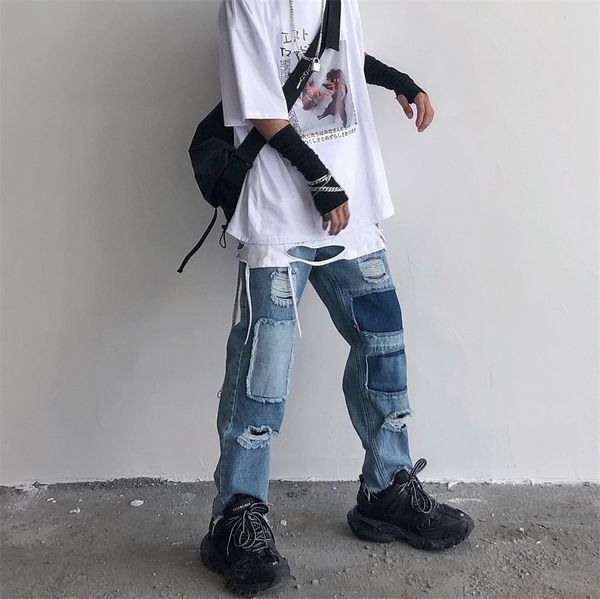 

plus size streetwear ripped hole vintage hip hop punk block patchwork denim pant women man tracksuit jeans harajuku loose bottom, Blue