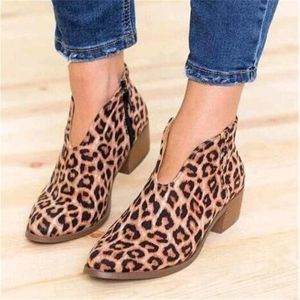 

women shoes 2021 leopard print pointed toe ankle boots slip on deep v high heel lady party dress, Black