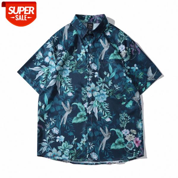 

retro wei yi flower shirt short-sleeved men's japanese seaside vacation couple beach #mi21, White;black