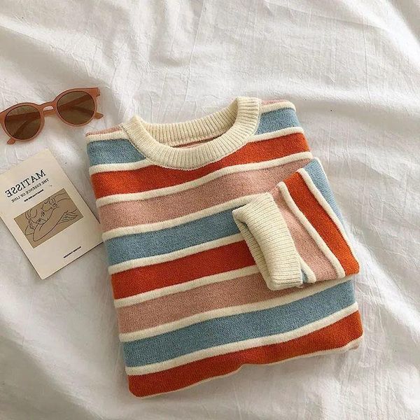 

women's sweaters women stripe sweater autumn winter loose long sleeve pullover korean ladies knitted patchwork, White;black