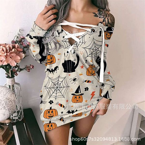 

autumn print lace up v-neck sweater hip skirt top, Black