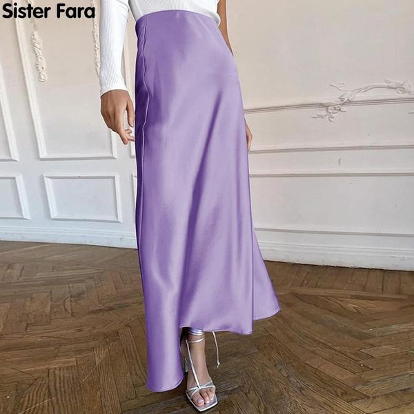 

skirts sister fara spring autumn elegant satin high waist a-line skirt women fashion long straight slim half-length office lady, Black