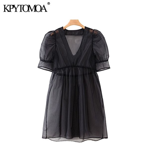 

women fashion transparent organza pleated mini dress vintage v neck short sleeve female dresses vestidos 210420, Black;gray