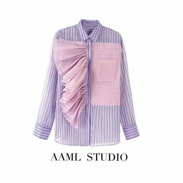 

new design autumn winter striped patchwork full turn-down collar women shirts 210421, White