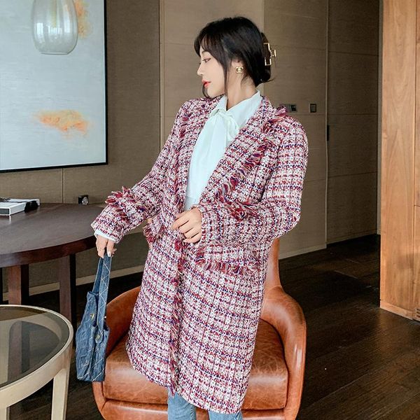

women's wool & blends [ewq]2021 spring over knee style turn-down collar long-sleeved panelled plaid straight minimalist tweed woolen ov, Black