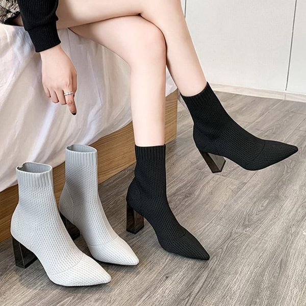

boots 2021 autumn winter knitted stretch fabric socks women fashion female high heel short pointed toe ankle, Black