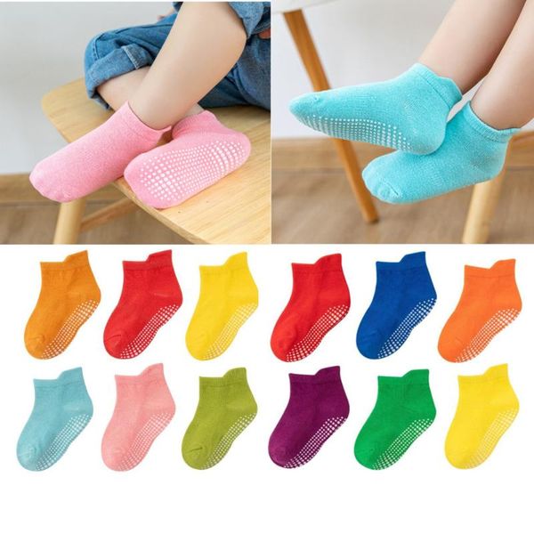 

socks 6 pairs cotton children's anti-slip boat boys girl low cut floor kid sock with rubber grips 1-5years, Pink;yellow