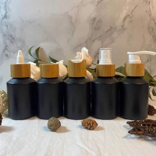 

60ml 100ml perfume mist spray bottle matte black refillable cosmetic glass emulsion lotion pump with wooden natural lid storage bottles & ja