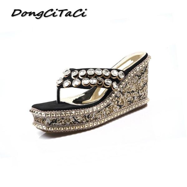 

dongcitaci 2021 summer women wedge sandals shoes woman rivets bling crystal muffin bottom flip flop beach platforms, Black