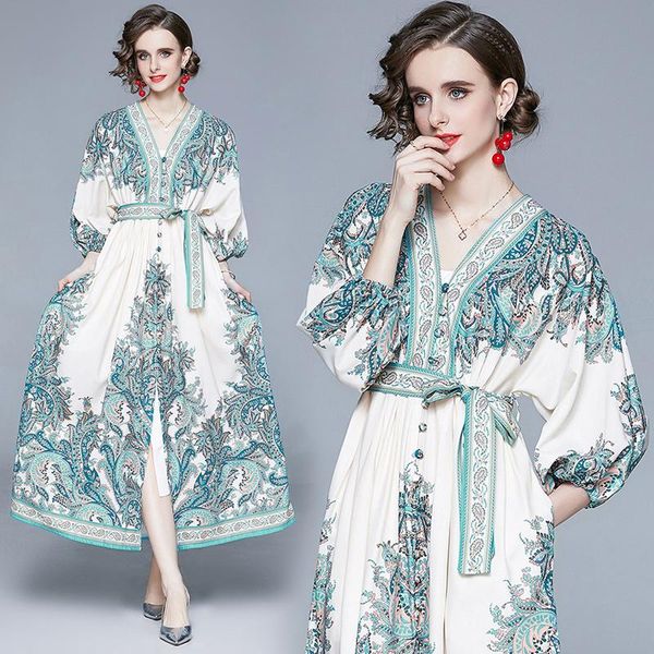 

vintage blue boho dress female v-neck ankle-length with sashes bandage dresses for women elegant fashion long casual, Black;gray