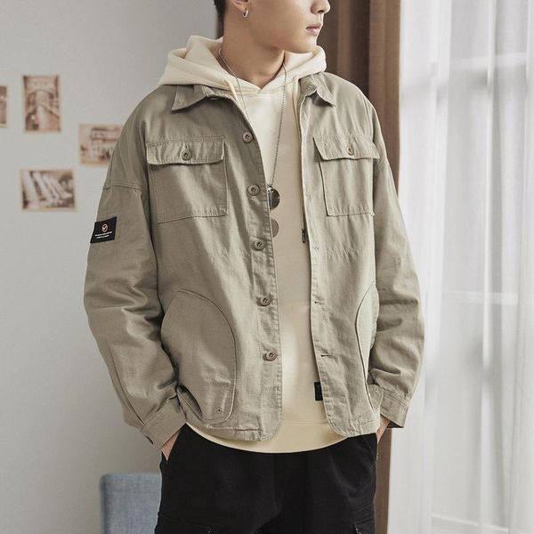 

men's clothing japanese retro fashion brand lapel multi-pocket tooling shirt american youth spring thin loose jacket men casual shirts, White;black