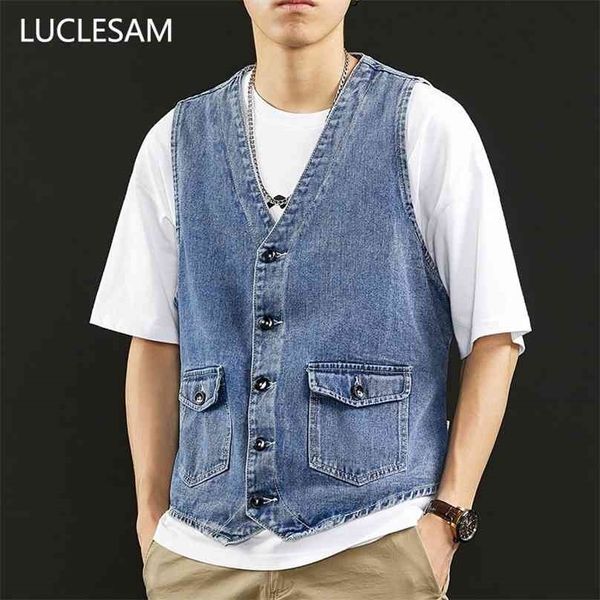 Estilo Britânico Mens Denim colete masculino casual vintage sem mangas jaqueta moda outwear Cardigan colete outono v-pescoço jeans coletes 210925