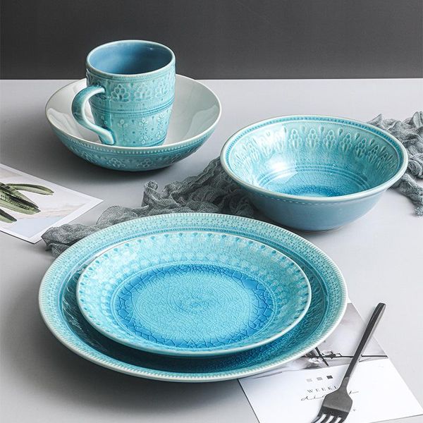 

dinnerware sets ice cracked glaze ceramic tableware creative embossed plate set soup noodle bowl household dish steak mug