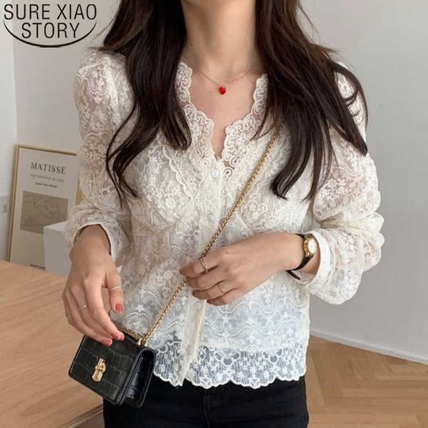 Dünne Spitze Hemd Koreanische Chic Langarm Tops Frauen Spitze Bluse Blusas Mujer De Moda Verano Herbst V-ausschnitt Kleidung 14683 210527