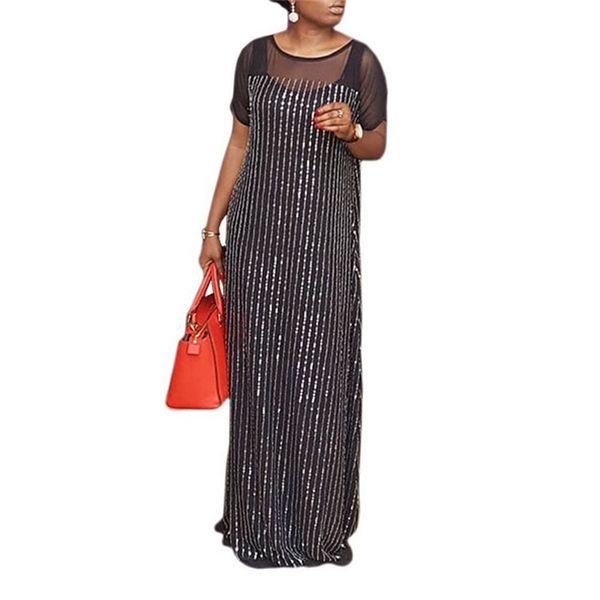 

african ladies long dress black shinny transparent short sleeve summer floor length elegant evening night club robe dresses 210510, Black;gray