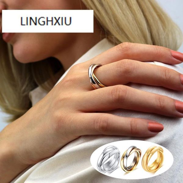 

cluster rings women's silver color triple rolling ring three in one sets stainless steel wedding engagement female interlocked stackable, Golden;silver