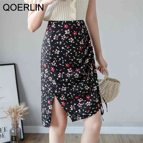 

drawstring split printed black skirts women summer chiffon floral a-line short high waist mini plus size 210601