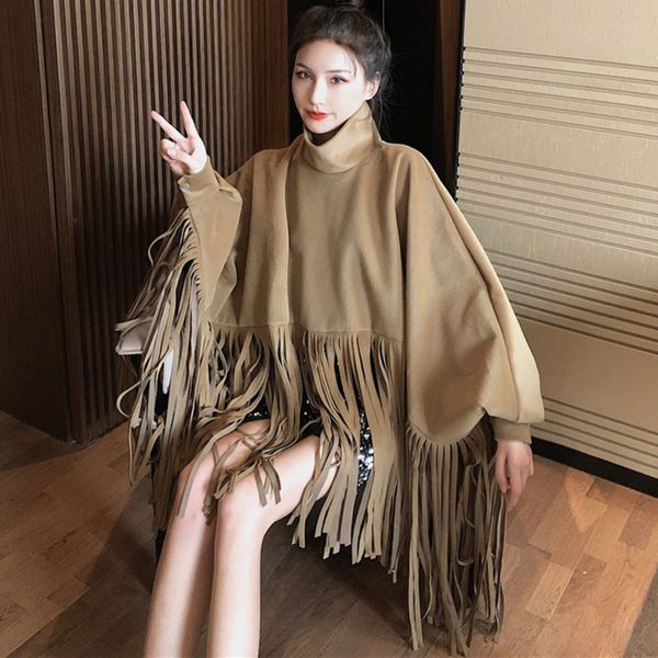

[ewq] autumn spring new women overcoat fashion streetwear batwing sleeve faux mink cashmere plus size tassel cloak coat 210423, Black;brown