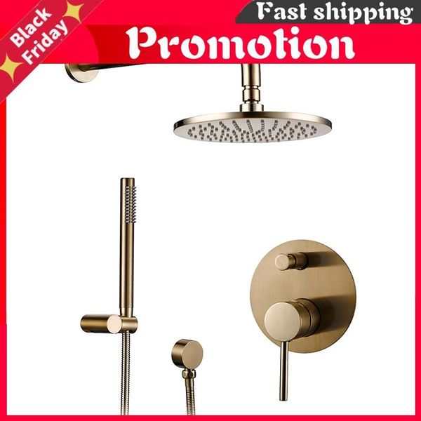 

bathroom bath brushed gold rain fall faucet brass diverter mixer tap set hand held 8-12"shower head wall arm valve system kit shower se