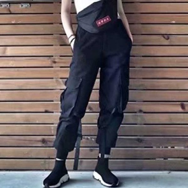 

big pockets pants harajuku bf women harem hip hop joggers loose sporty female cargo long high waist trousers 210531, Black;white