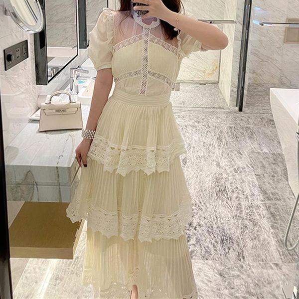 

casual dresses embroidery summer print lace ruffle cake women dress solid yellow 2021 party vintage mesh short sleeve a-line boho, Black;gray