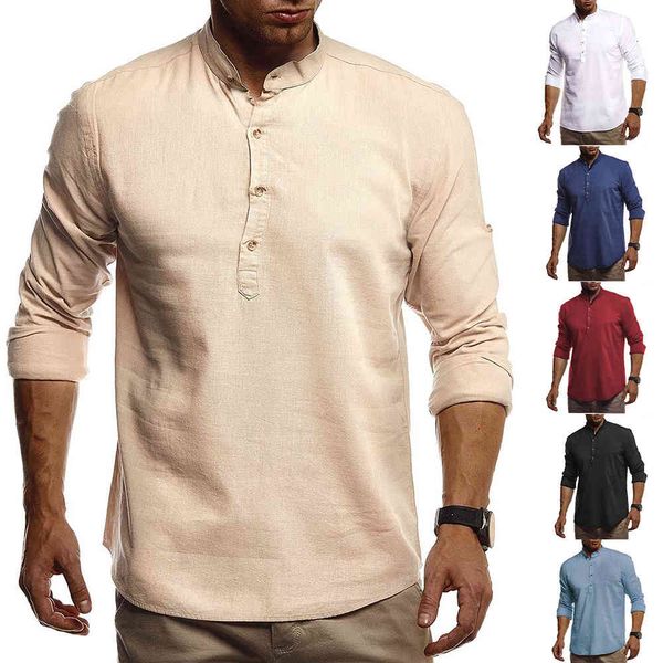 

boutique fashion shirt 2021 men's solid color pullover stand collar white european base cotton hemp inch, White;black