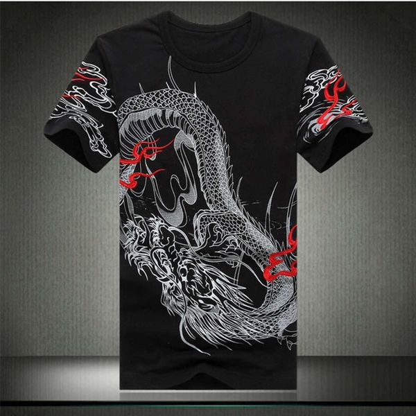 

summer men's ruffian fashion fancy short sleeve t-shirt personalized dragon pattern printing embroidery, White;black