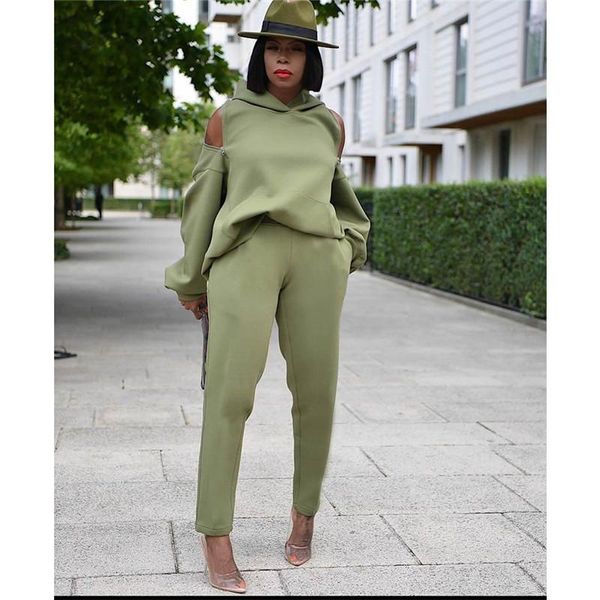 

women's two piece pants green o neck long sleeve hooed speical design skinny bro and tight club party tracksuits, White