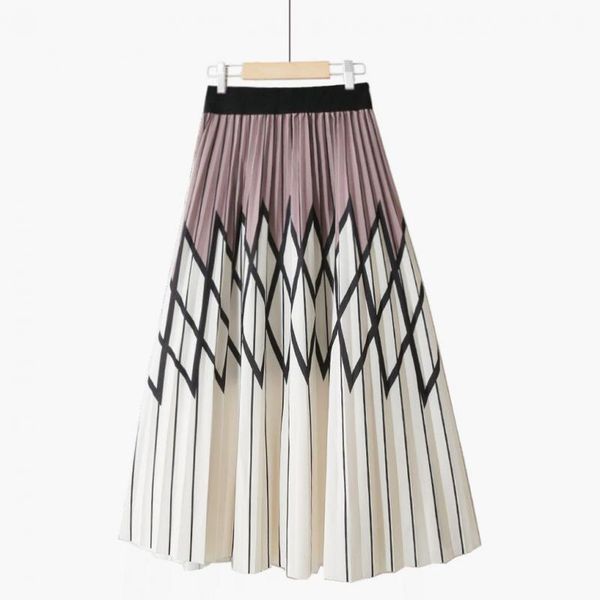 

geometric pattern long pleated skirt women high waist umbrella for spring summer printed skirts femme, Black
