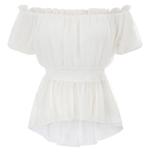 

women's blouses & shirts ladies short sleeve frilly blouse chiffon victorian elegant retro shirt soft, White