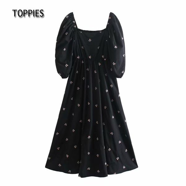 

ies women embroidered dress female short sleeve maxi dresses square collar puff sleeve blouses 210412, Black;gray