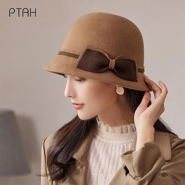 

stingy brim hats [ptah] temperament wool fedoras for women solid color imitation woolen cap elegant britishladies caps bowler 100%, Blue;gray