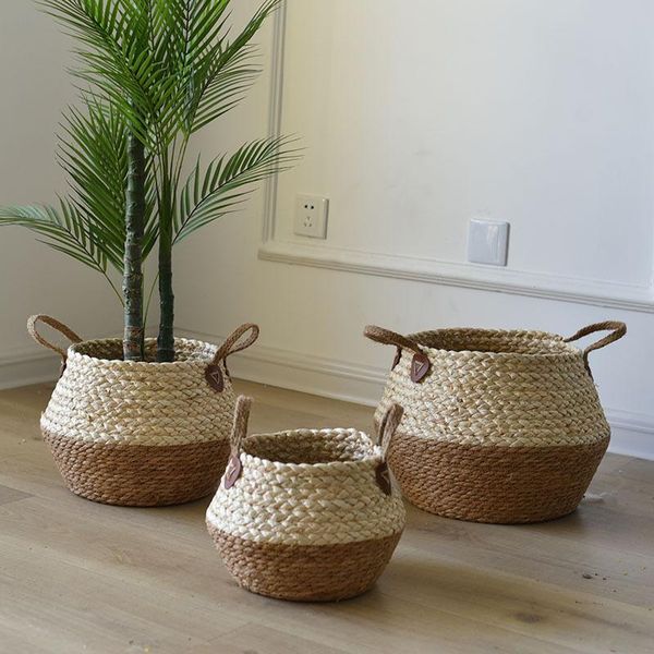 

cutelife straw woven rattan storage basket kitchen clothes toy organizer handle plant flower decorative laundry baskets