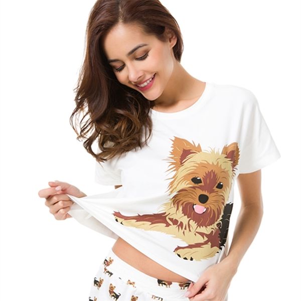 

clearance product sleep summer yorkie print loose t shirt women crop cotton short sleeve s-xxl pajamas t04401 210421, White