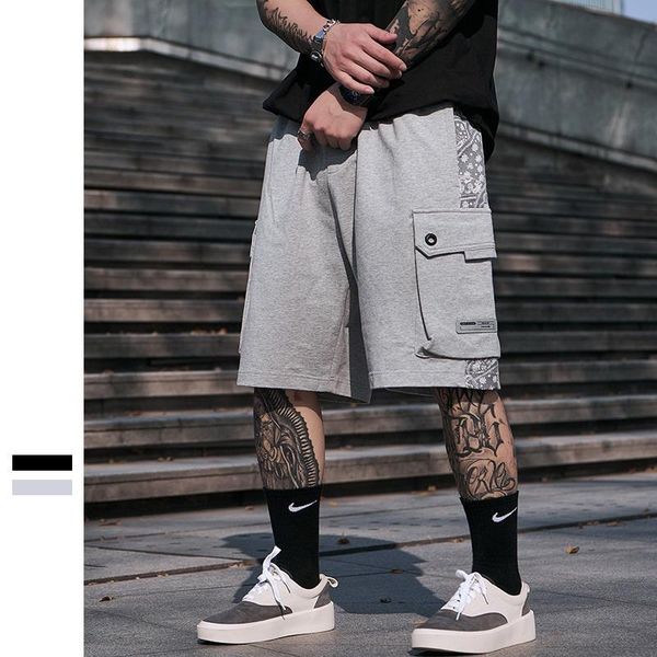 

men's shorts summer fashion large pockets printed panel half pants adolescents loose-fit street knitted cargo, White;black