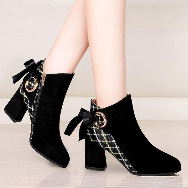 

boots 2021 winter shoes women ankle back ribbon bow high heels booties flock plaid cross-tied dress shoe retro botas mujer 8569c, Black