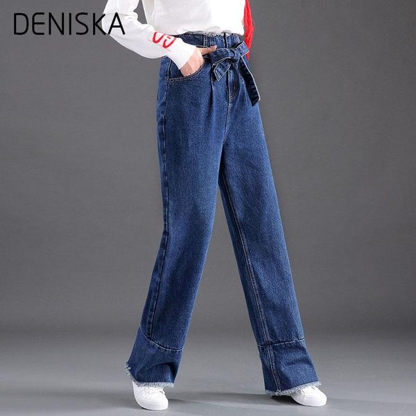 

women's jeans deniska wide leg for women fashion loose with high waist personality asymmetrical belt vintage denim p, Blue