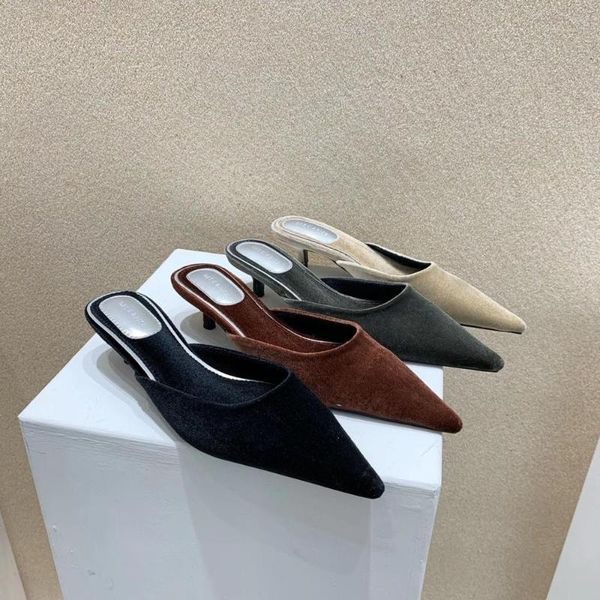 

fashion women slippers mules shoes pointed toe slip on thin low heels slides shallow woman summer casual pumps elegant, Black