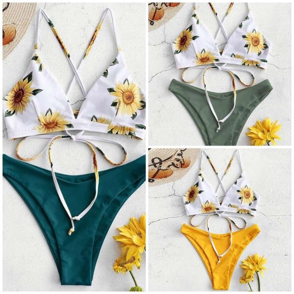 

2020i print lace up bikini bikin swimsuit, White;black